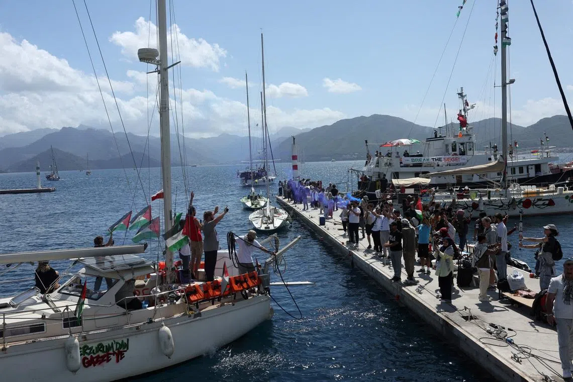 A boat taking part in the Global Sumud Flotilla, which aims to reach Gaza and break Israel’s naval blockade, departs from a port in the southern Turkish resort of Marmaris, Turkey, May 14, 2026.