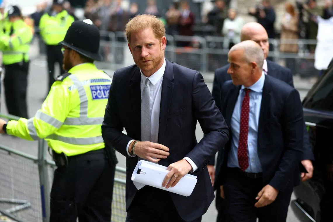 FILE PHOTO: Britain's Prince Harry, Duke of Sussex walks outside the Rolls Building of the High Court in London, Britain June 7, 2023. REUTERS/Hannah McKay/File Photo