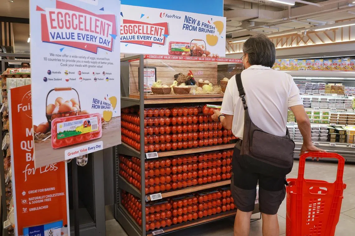 A customer checking out the new source of eggs imported from Brunei at Parkway Parade’s FairPrice Xtra on Feb 21, 2023.