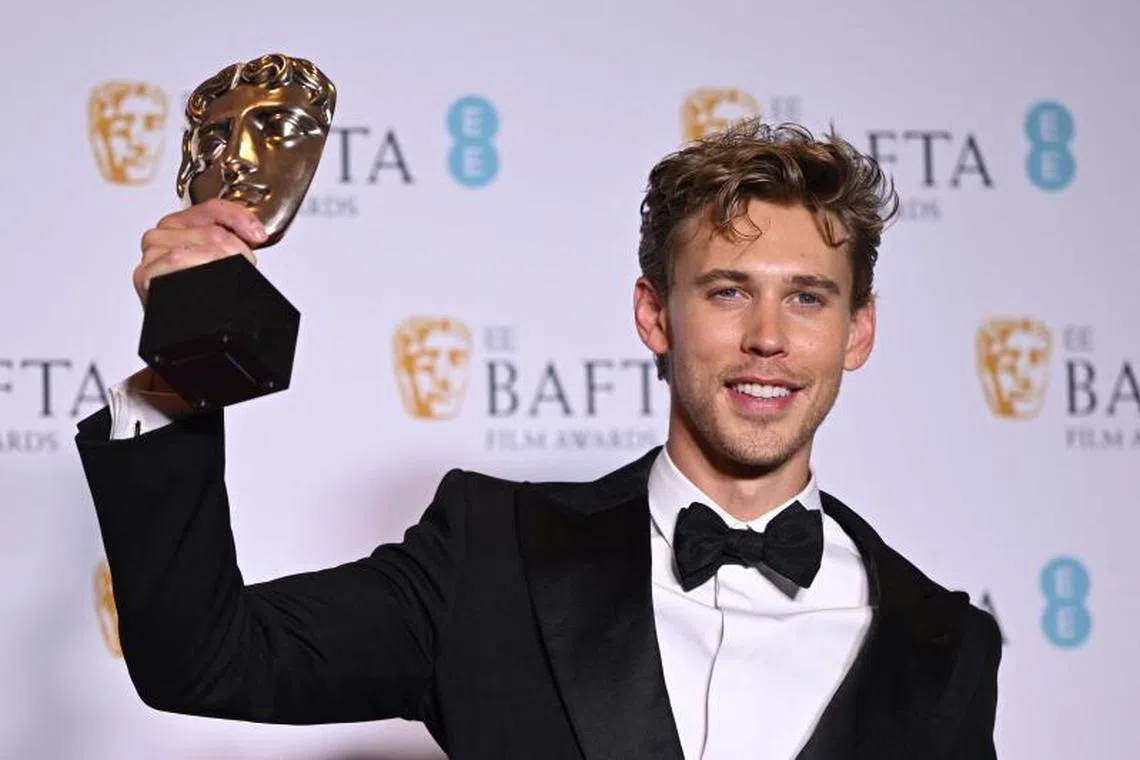 US actor Austin Butler with the award for Best leading actor for his role in 'Elvis' during the BAFTA British Academy Film Awards ceremony.