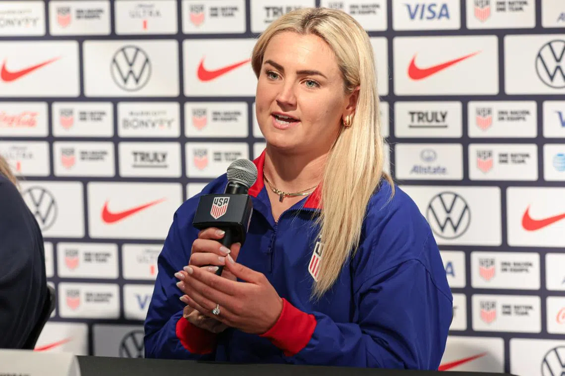 Jul 8, 2024; New York City, New York, USA; US Women's National Team midfielder Lindsey Horan talks to the media during a press conference at Nike House of Innovation NYC. Mandatory Credit: Vincent Carchietta-USA TODAY Sports/ File Photo