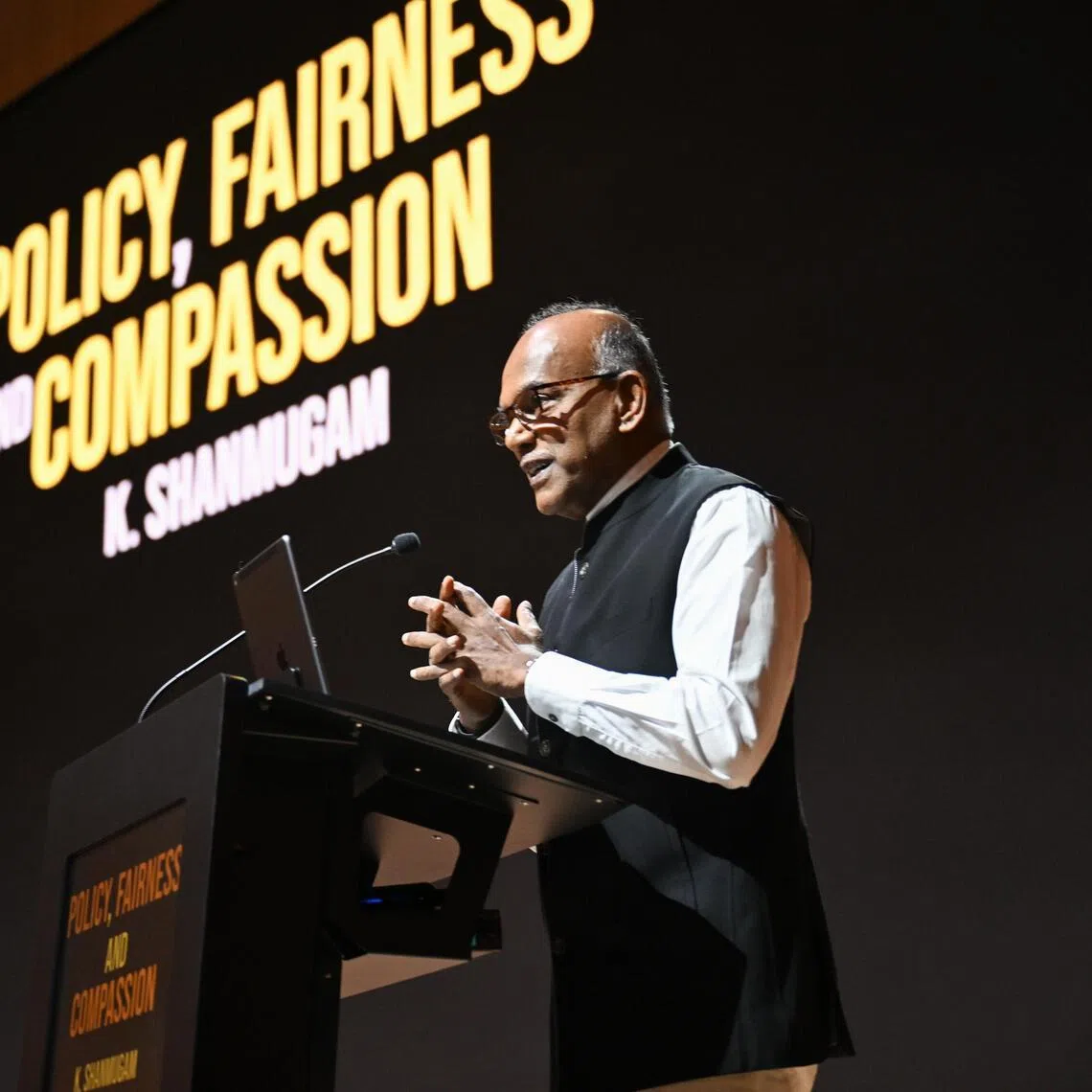 Coordinating Minister for National Security and Minister for Home Affairs K Shanmugam speaking at the launch of his book at the SPH Media auditorium on Feb 6.