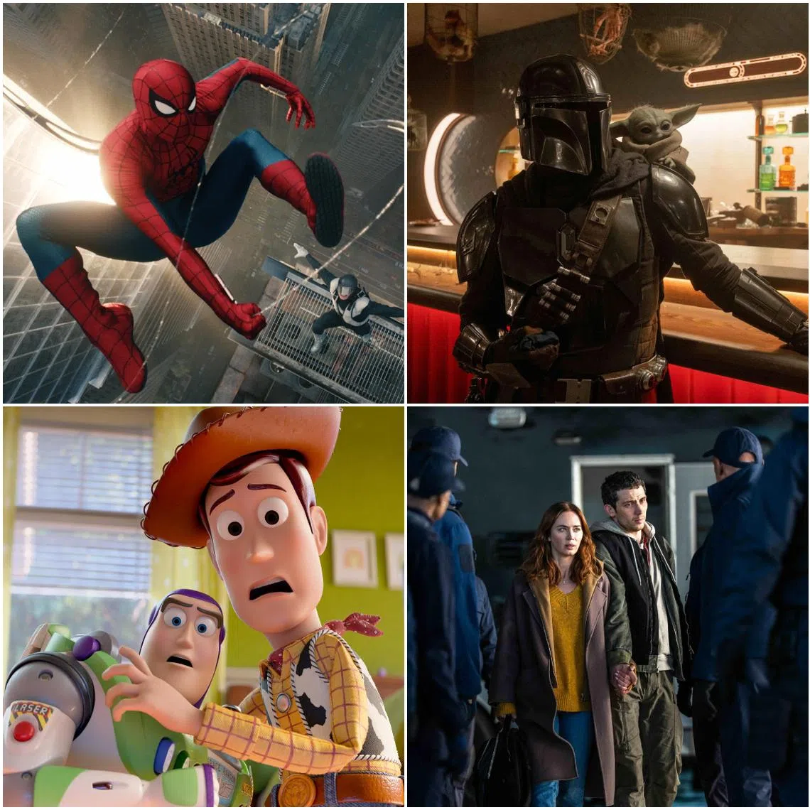 (Clockwise from left) Movie stills from Spider-Man: Brand New Day, The Mandalorian And Grogu, Masters Of The Universe, The Odyssey, Disclosure Day, and Toy Story 5.