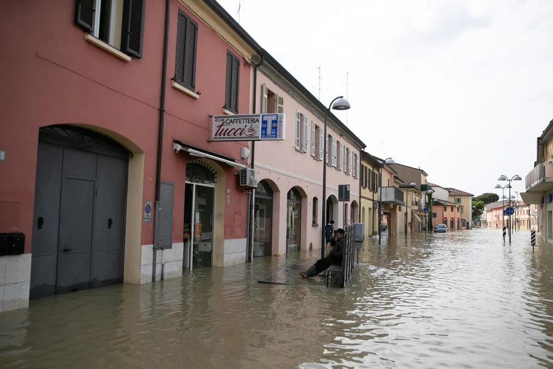 A flooded street in Lugo, near Ravenna, Italy, on May 18, 2023.
