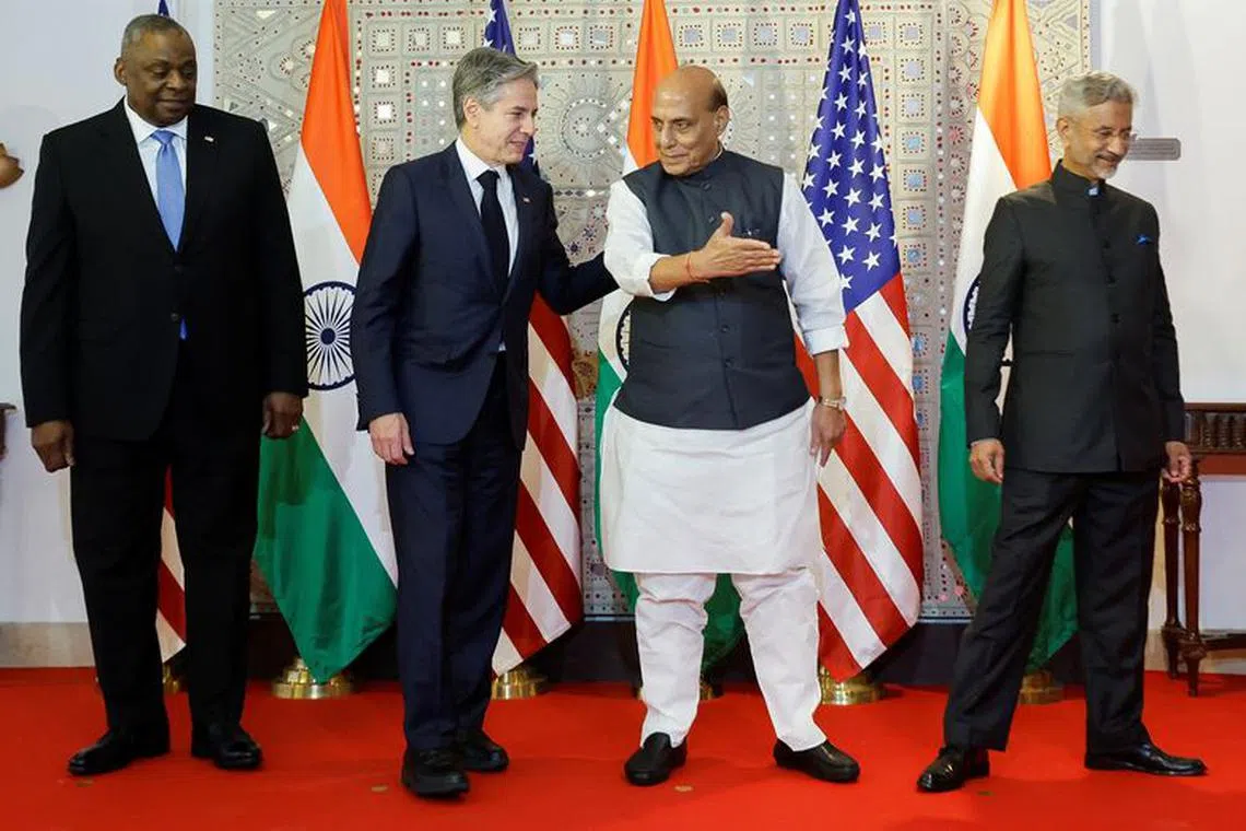 U.S. Secretary of State Antony Blinken, Defense Secretary Lloyd Austin, India's Foreign Minister Subrahmanyam Jaishankar and Defense Minister Rajnath Singh leave after participating in a family photo as part of the so-called \"2+2 Dialogue\" at the Ministry of Foreign Affairs' Sushma Swaraj Bhavan (SSB) in New Delhi, India, November 10, 2023. REUTERS/Jonathan Ernst/Pool