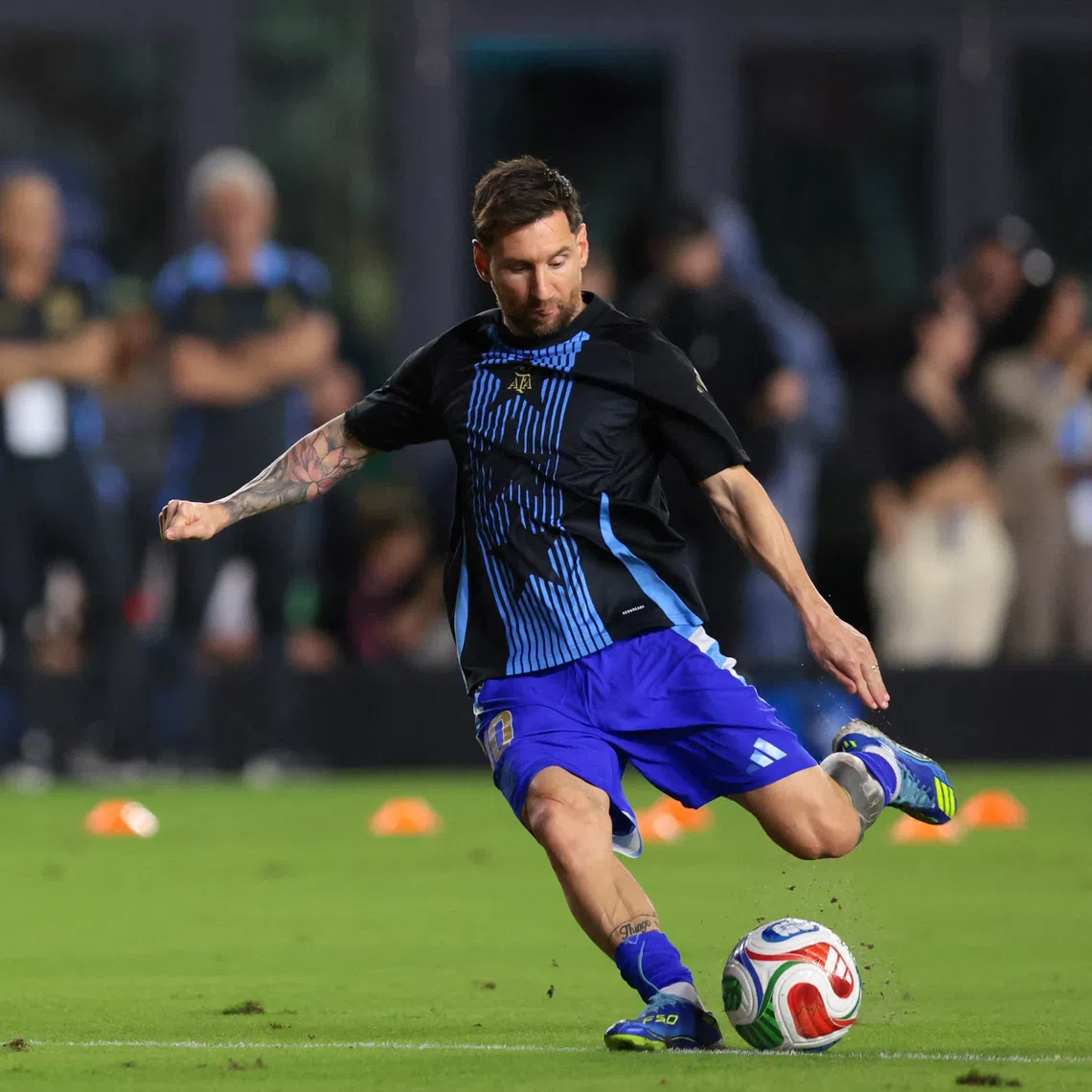 Oct 14, 2025; Fort Lauderdale, Florida, USA; Argentina forward Lionel Messi (10) warms up before the game against Puerto Rico at Chase Stadium. Mandatory Credit: Sam Navarro-Imagn Images