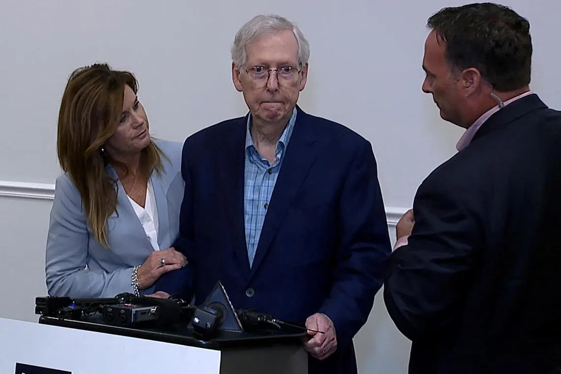 Top US Senate Republican Mitch McConnell appears to freeze up for more than 30 seconds during a public appearance before being escorted away.