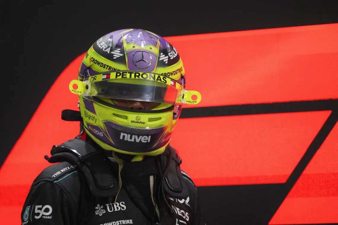 British driver Lewis Hamilton of Mercedes-AMG Petronas seen after the qualifying round of the Formula One Singapore Airlines Singapore Grand Prix at the Marina Bay street circuit, on Sept 21, 2024.