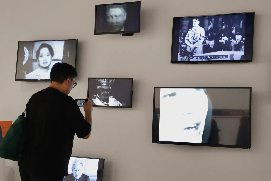 A multimedia installation by Manny Montelibano explores celebrity and authority are performed in mass media.