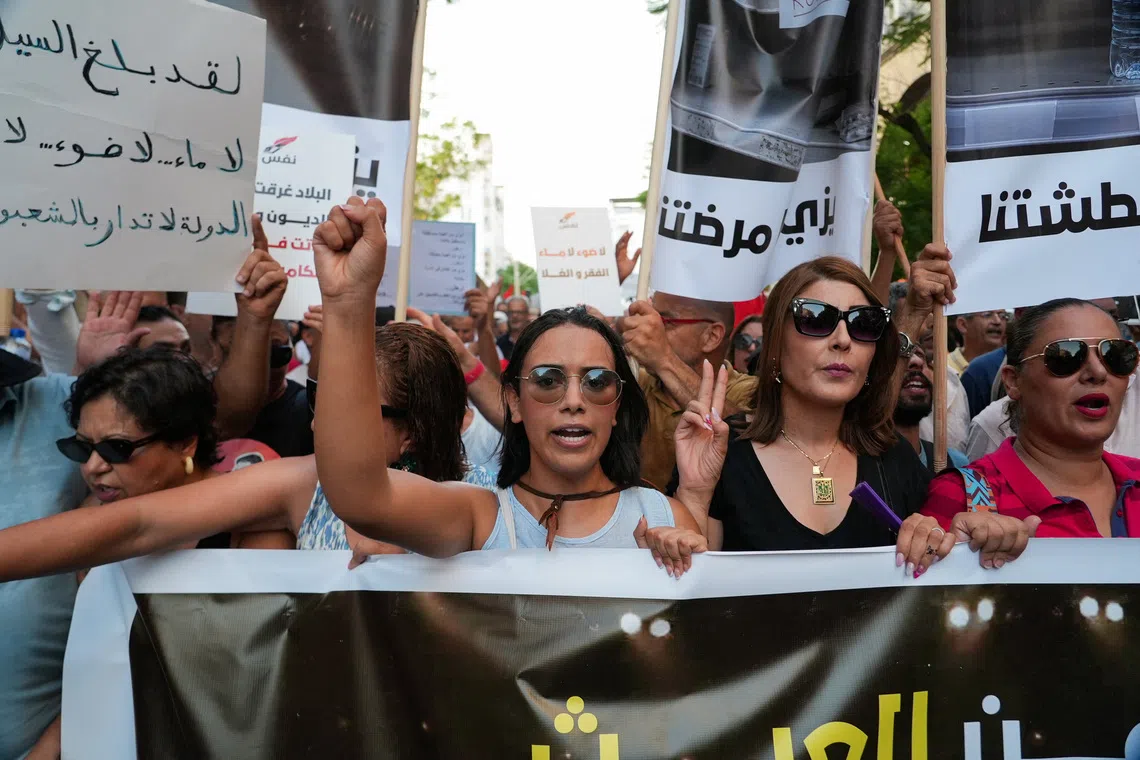 Tunisians protest against President Kais Saied, demanding the restoration of democracy and calling for the release of jailed activists and journalists amid a worsening economic and social crisis, in Tunis, Tunisia, August 20, 2026. REUTERS/Jihed Abidellaoui