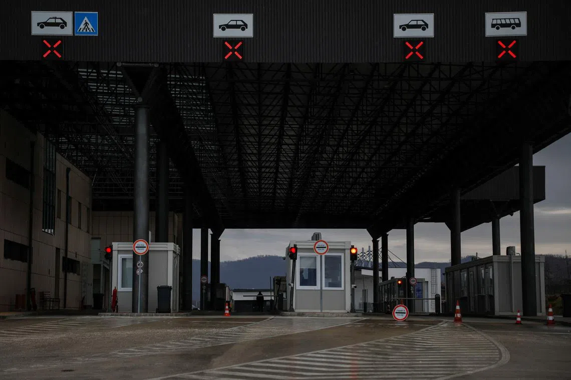 A view of the Merdare border crossing between Kosovo and Serbia, which was closed by Kosovo after protesters blocked it on the Serbian side to support their ethnic kin in Kosovo in refusing to recognise the country's independence, near Podujevo, Kosovo, on Dec 28, 2022. 