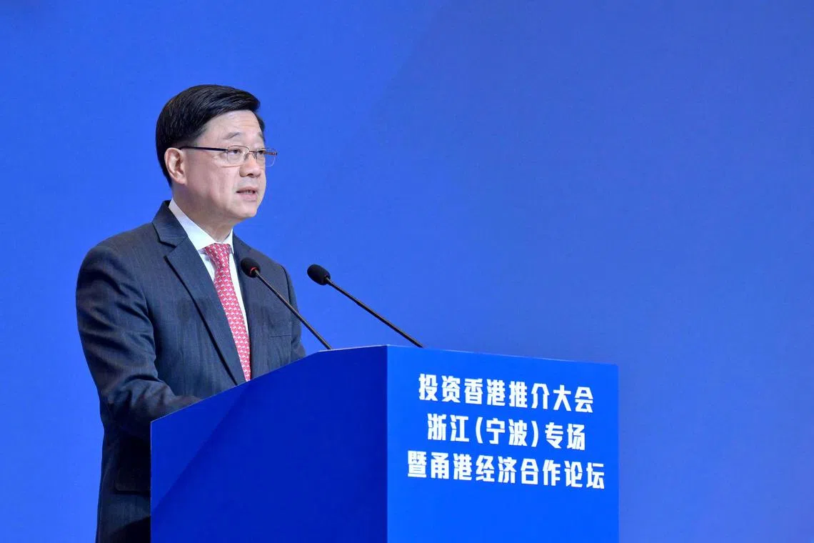 mfzhejiang - Hong Kong Chief Executive John Lee speaks at the Hong Kong Investment Promotion Conference - Zhejiang (Ningbo) Forum cum Ningbo-Hong Kong Economic Co-operation Forum in Ningbo, Zhejiang, on April 25. 


Photo: Hong Kong Government