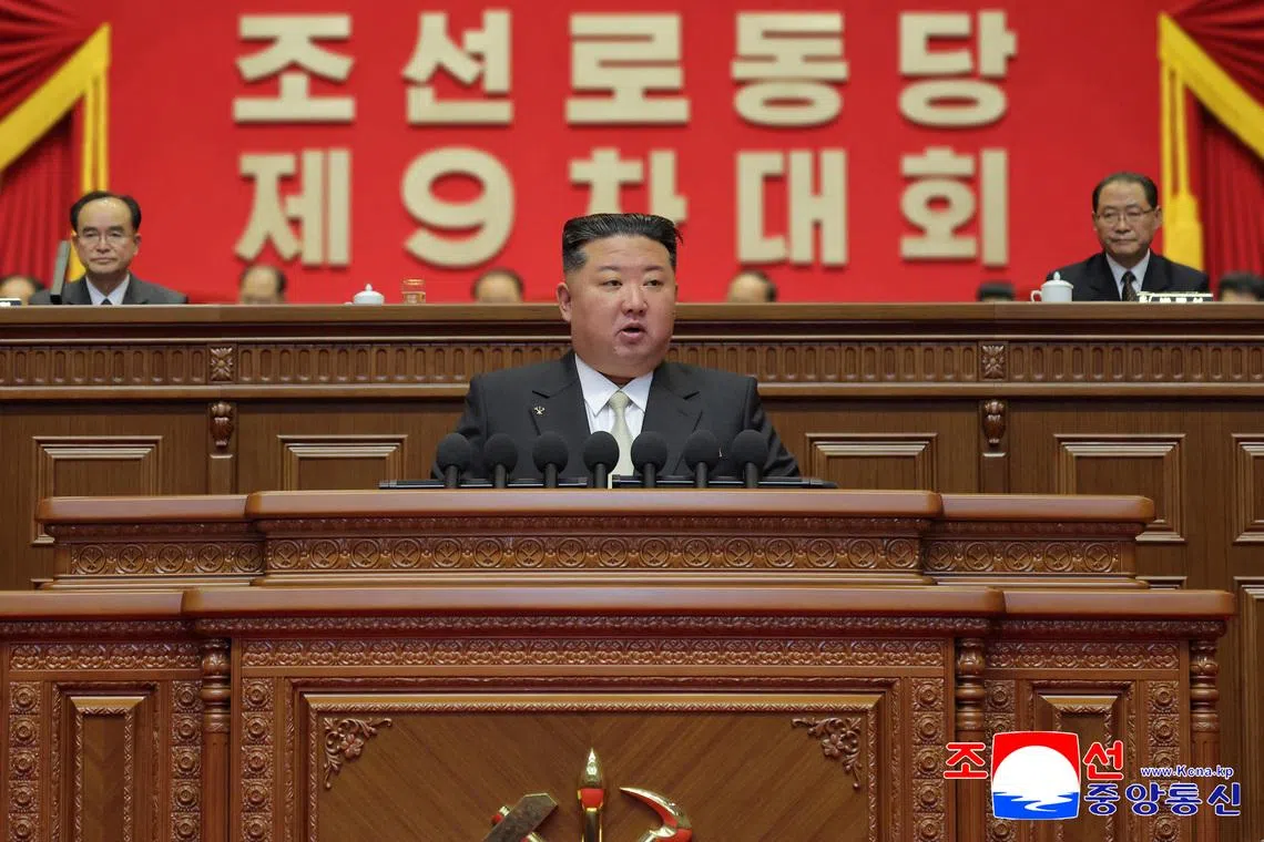 North Korean leader Kim Jong Un speaks during the Ninth Congress of the Workers' Party of Korea (WPK) in Pyongyang, North Korea, February 19, 2026, in this picture released by North Korea's official Korean Central News Agency.  KCNA via REUTERS