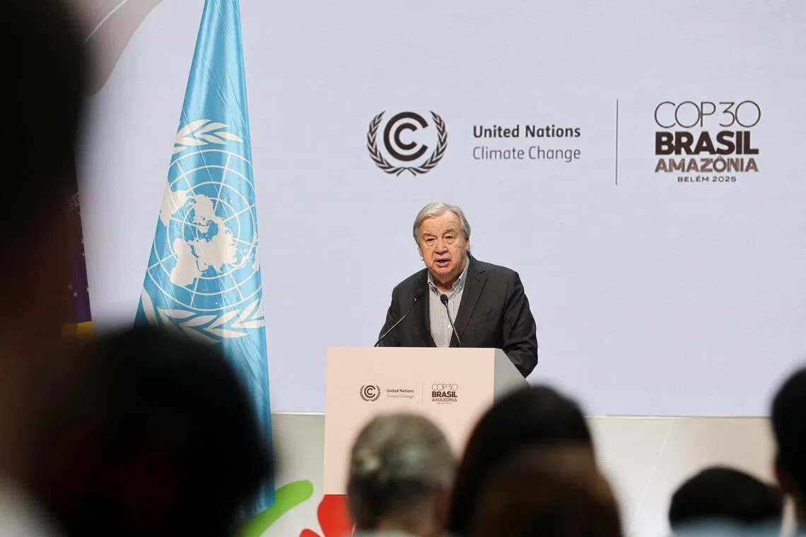 UN Secretary-General Antonio Guterres addressing a press conference at the UN Climate Change Conference (COP30), in Belem, Brazil, on Nov 20.