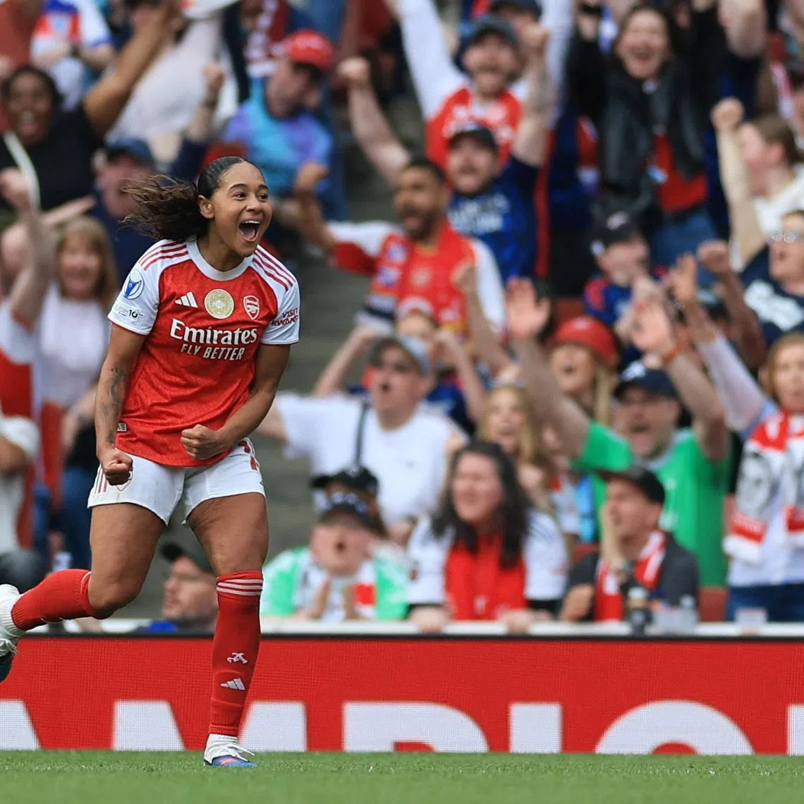 Soccer Football - UEFA Women's Champions League - Semi Final - First Leg - Arsenal v OL Lyonnes - Emirates Stadium, London, Britain - April 26, 2026 Arsenal's Olivia Smith celebrates scoring their second goal Action Images via Reuters/Paul Childs