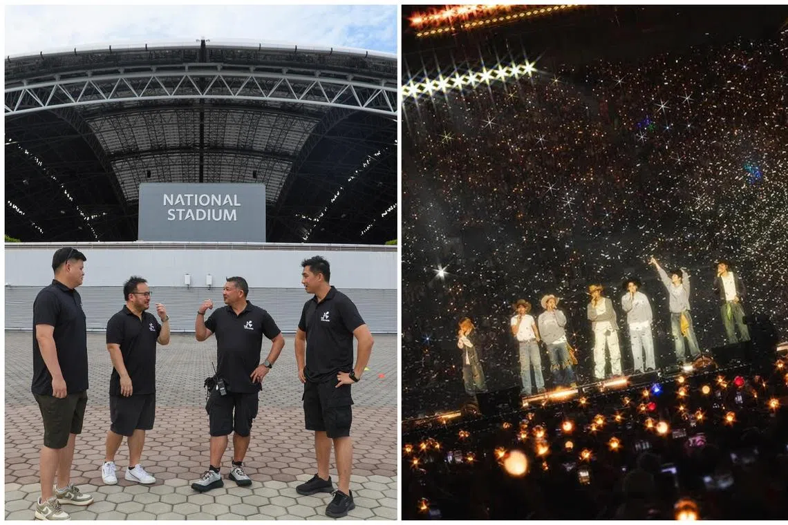 Kallang staff (from left) Lih Long Lee, Mitch Seeto, Calvin Christian Willem Palyama, and Tat Siong Ng, and BTS performing at their concert in Arirang.