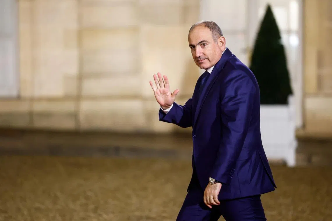 FILE PHOTO: Armenia's Prime Minister Nikol Pashinyan arrives for a meeting with international investors in IA at the Elysee Palace as part of the Artificial Intelligence (AI) Action Summit in Paris, France, February 10, 2025. REUTERS/Gonzalo Fuentes/ File Photo