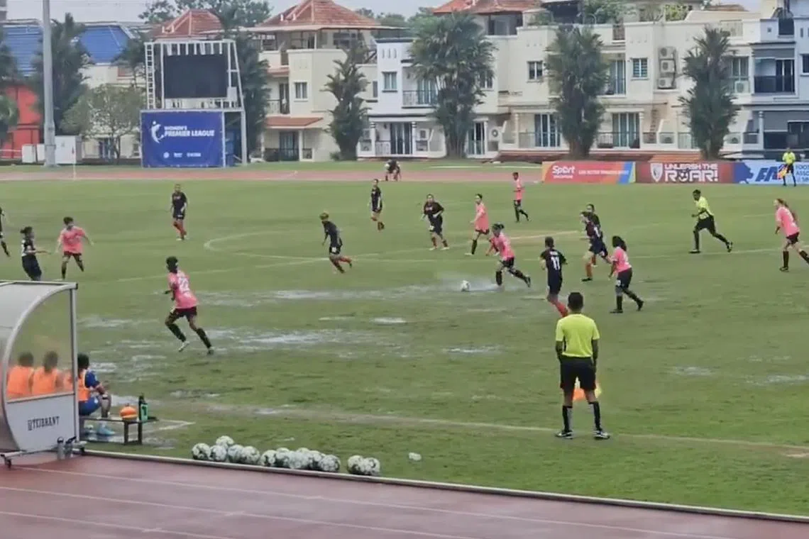 The pitch at Choa Chu Kang Stadium was heavily waterlogged after it rained on March 10, seriously impacting play.