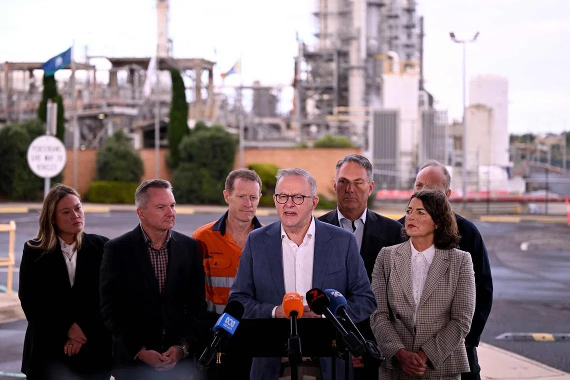 Australia's Prime Minister Anthony Albanese conducts a press conference after a visit to the Geelong Oil Refinery, that caught fire, on April 17.