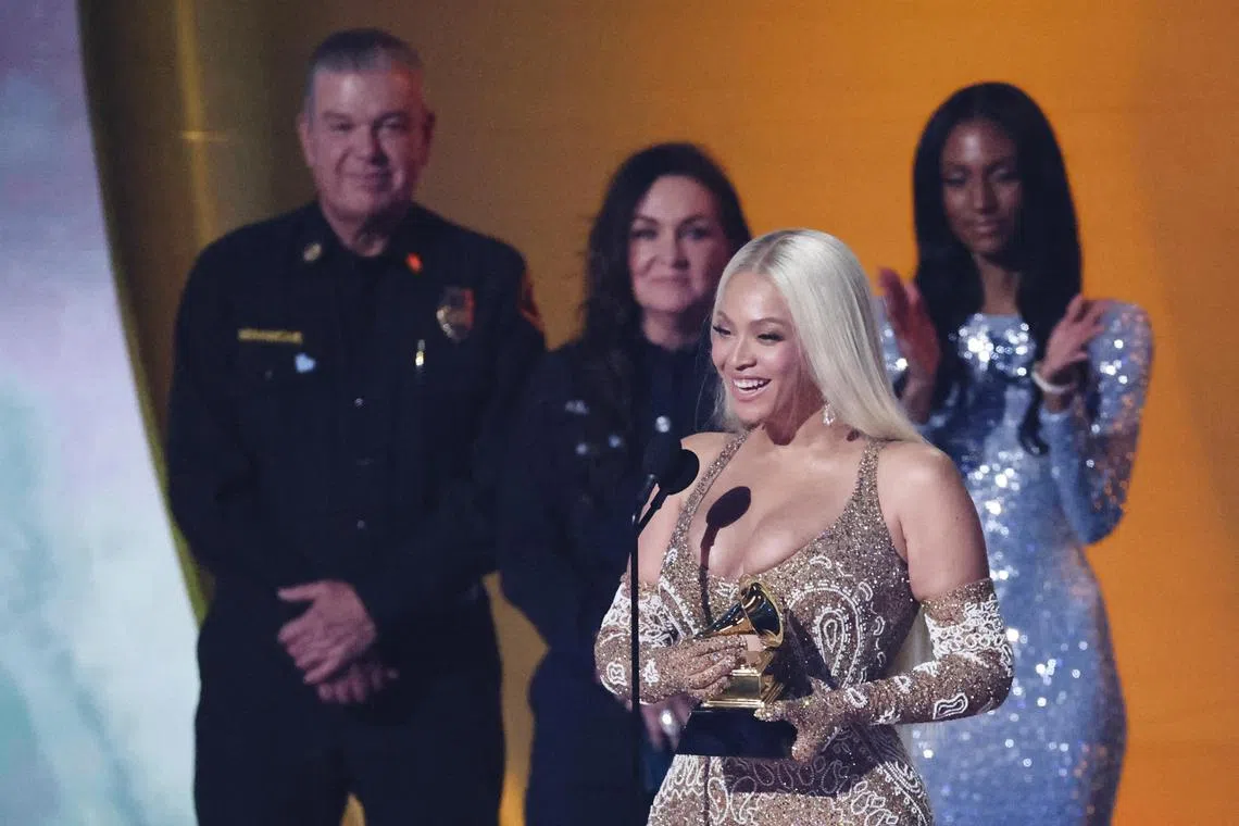 Beyonce receives Album of the Year award for Cowboy Carter during the 67th Annual Grammy Awards in Los Angeles on Feb 2.