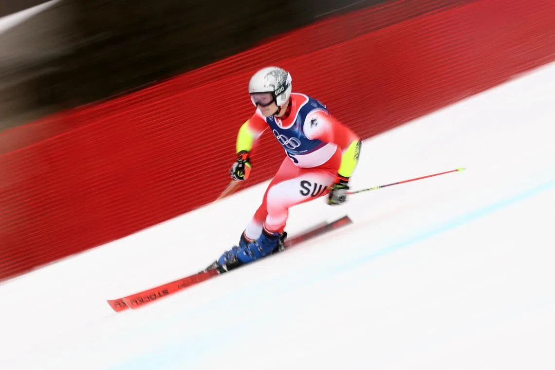 Milano Cortina 2026 Olympics - Alpine Skiing - Men's Giant Slalom Run 2 - Stelvio Ski Centre, Bormio, Italy - February 14, 2026. Marco Odermatt of Switzerland in action during his second run of the Men's Giant Slalom REUTERS/Christian Hartmann