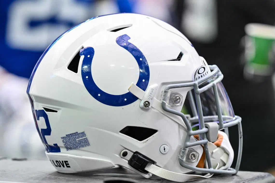 Sep 17, 2023; Houston, Texas, USA; A detailed view of an Indianapolis Colts helmet on the sideline during the game against the Houston Texans at NRG Stadium. Mandatory Credit: Maria Lysaker-USA TODAY Sports/File Photo