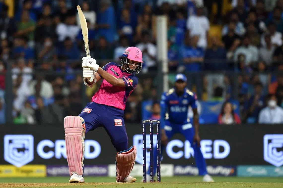 Rajasthan Royals' Yashasvi Jaiswal plays a shot during the Indian Premier League Twenty20 cricket match between Mumbai Indians and Rajasthan Royals at the Wankhede Stadium in Mumbai.