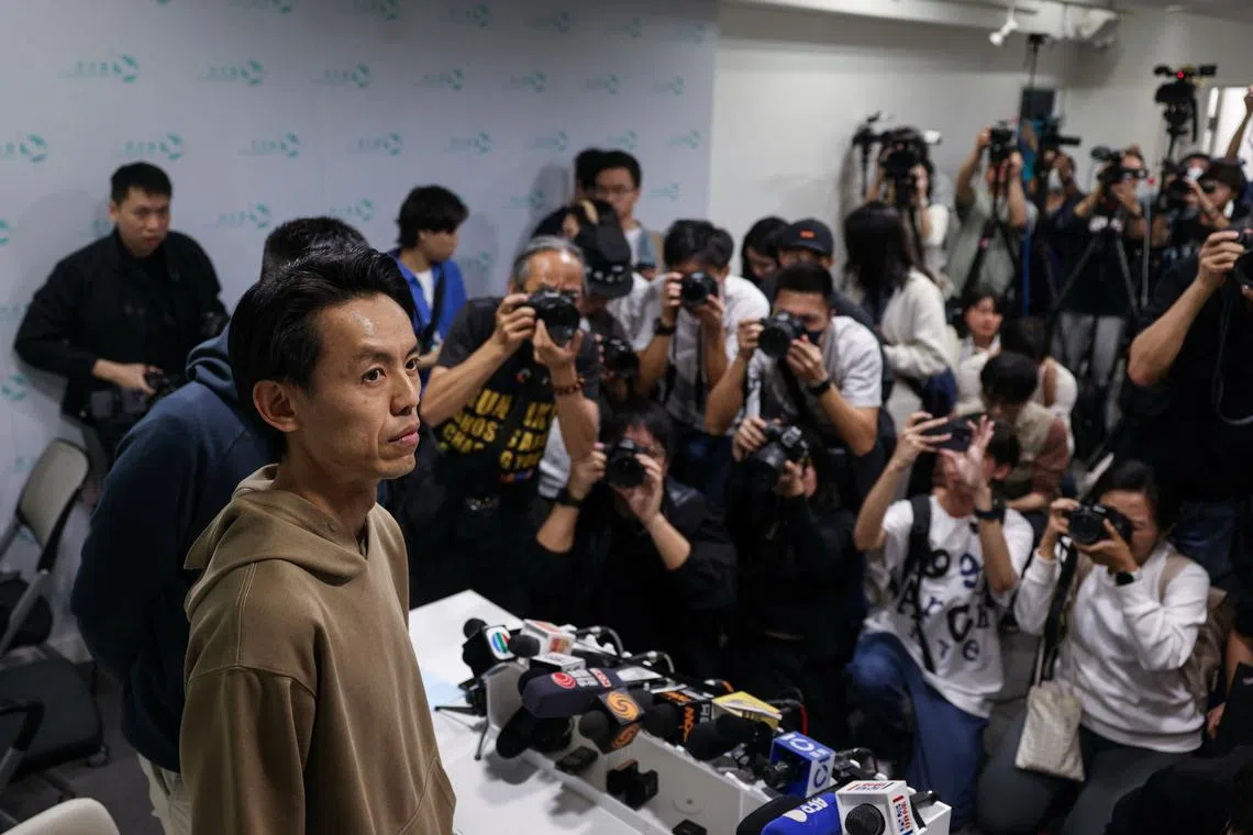 Lo Kin-hei, Chairman of the Democratic Party, attends at a news conference after an extraordinary general meeting to seek members' views on the potential dissolution of the party in Hong Kong, China, April 13, 2025. REUTERS/Tyrone Siu