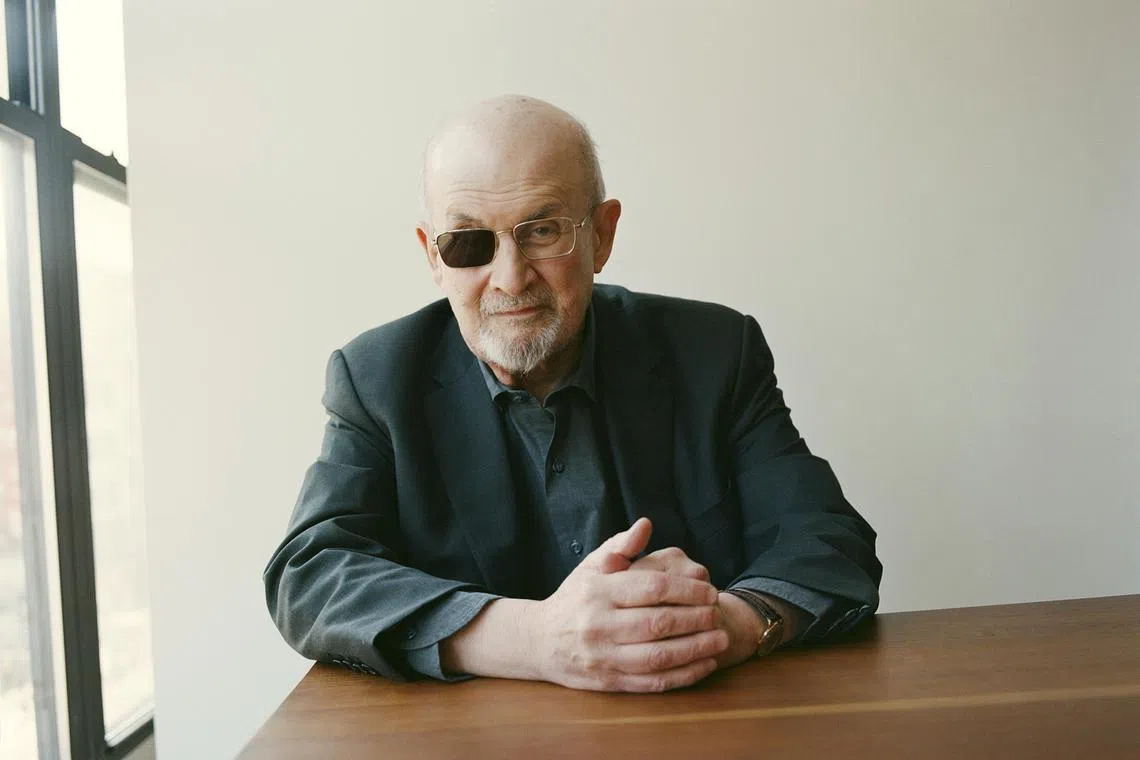 Salman Rushdie in New York, March 22, 2024. The author’s new memoir, “Knife,” addresses the attack that maimed him in 2022, and pays tribute to the wife who saw him through. “I wanted to write a book which was about both love and hatred — one overcoming the other,” he says. (Clement Pascal/The New York Times) 