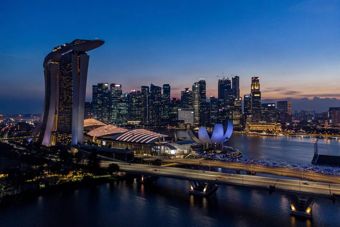 Singapore skyline showing Marina Bay Sands, MBS, Singapore Flyer, Benjamin Sheares Bridge, Gardens by the Bay, GBTB, Sunset, Central Business District, CBD, 10 March  2021.