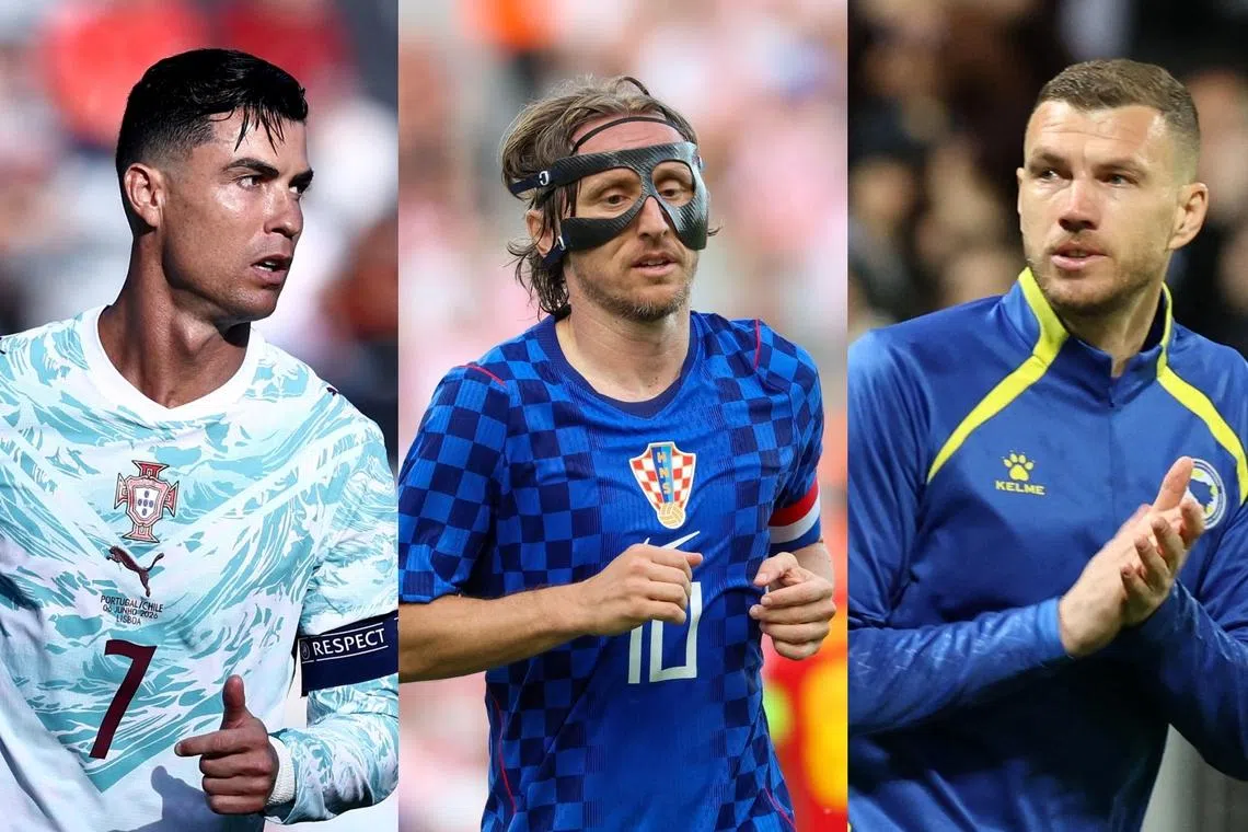 A record eight players aged 40 or older have been selected to play in the 2026 World Cup, including (from left) Portugal's Cristiano Ronaldo, Croatia's Luka Modric, and Bosnia and Herzegovina's Edin Dzeko.