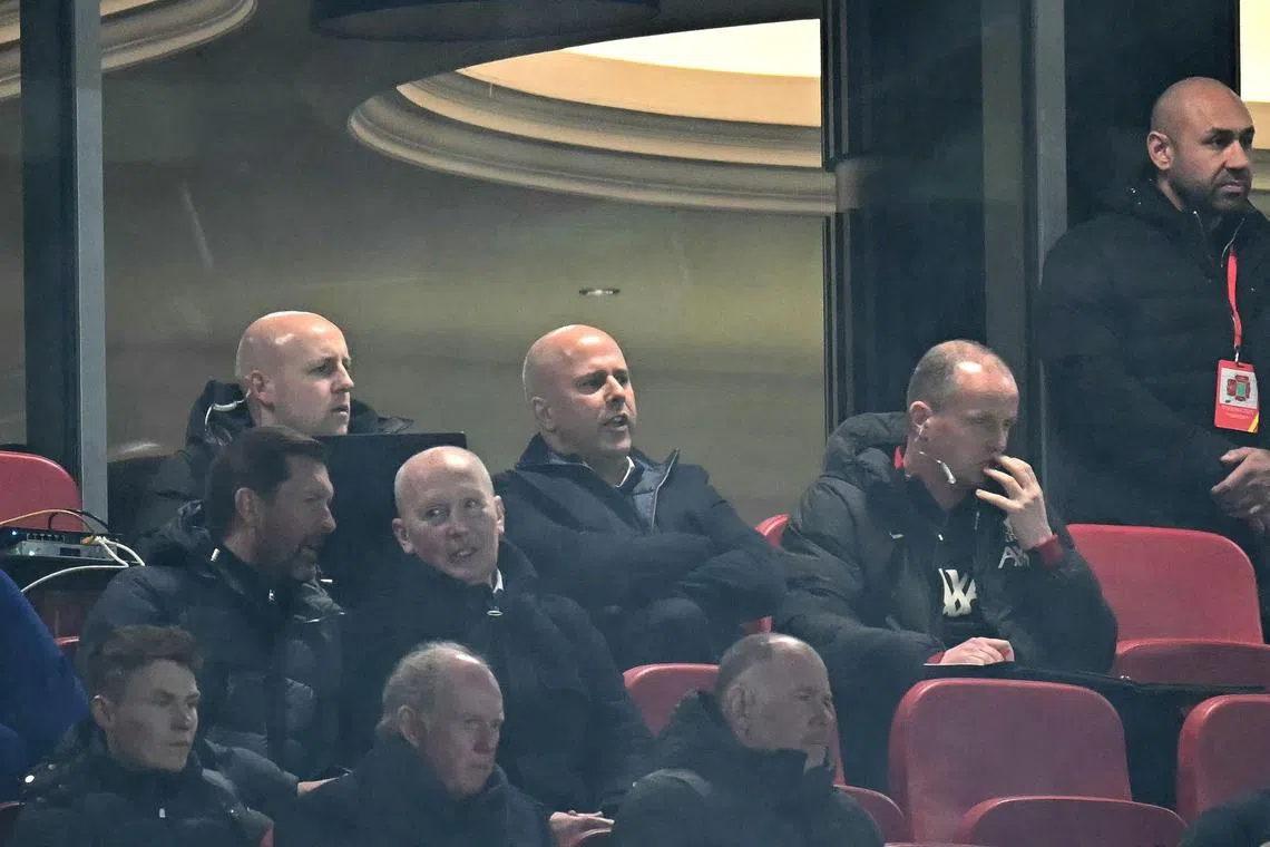 Liverpool manager Arne Slot watching from the stands in his side's 2-0 Premier League win over Newcastle United.