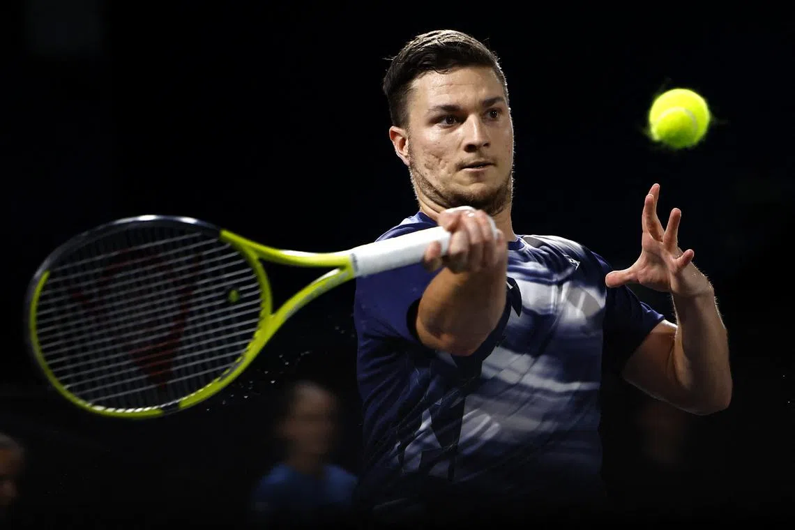 FILE PHOTO: Tennis - Paris Masters - Accor Arena, Paris, France - October 30, 2024 Serbia's Miomir Kecmanovic in action during his round of 32 match against Australia's Alex De Minaur REUTERS/Stephanie Lecocq/File Photo
