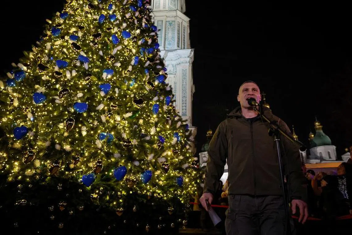 Mayor of Kyiv Vitali Klitschko visits Sofiyska Square, where a Christmas tree was lighted, in front of the Saint Sophia Cathedral, amid Russia's attack on Ukraine, in Kyiv, Ukraine, December 6, 2023. REUTERS/Alina Smutko