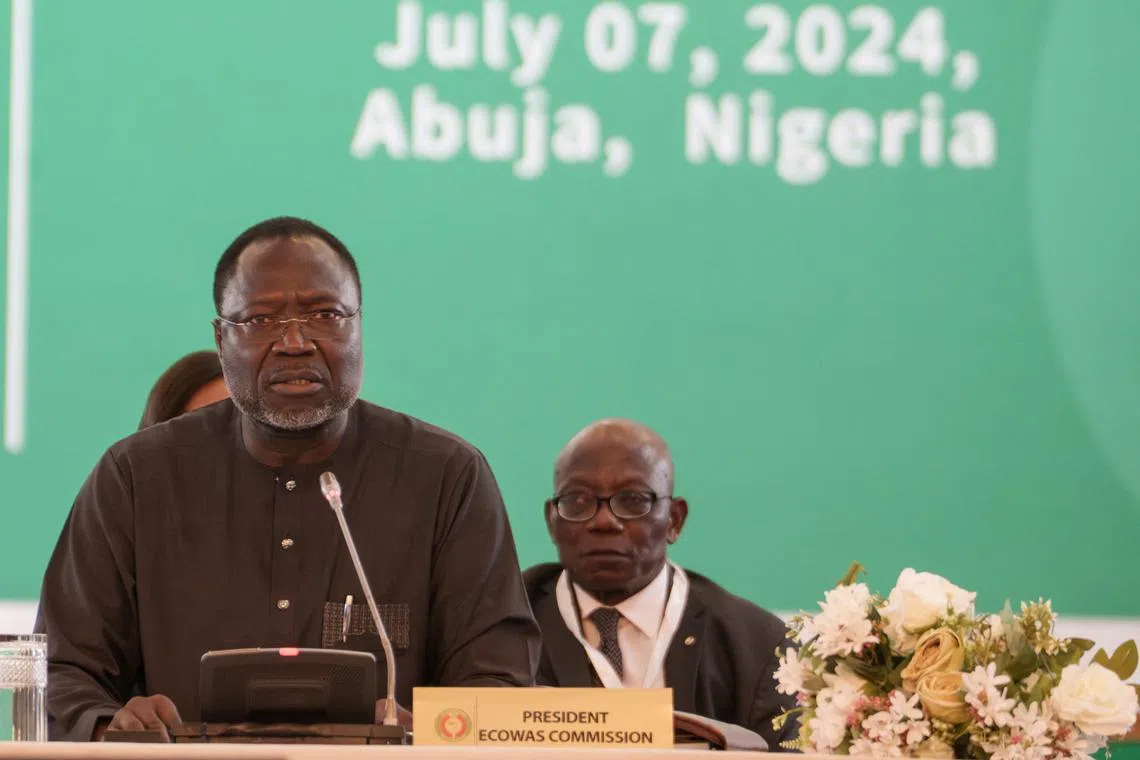 ECOWAS President Omar Alieu Touray addresses the Heads of State and delegates during the Economic Community of West African States (ECOWAS) summit in Abuja, Nigeria July 7, 2024. REUTERS/Marvellous Durowaiye