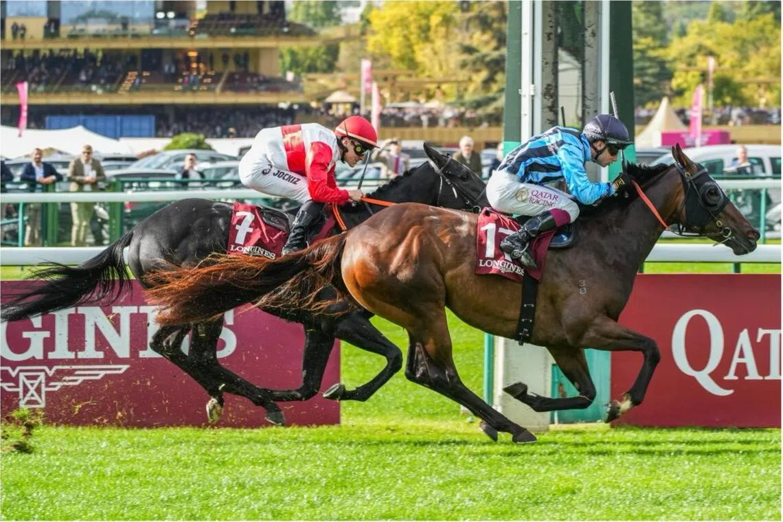 Asfoora (Oisin Murphy) overhauling Jawwal (Clement Lecoeuvre) to land the Group 1 Prix de l’Abbaye (1,000m) for trainer Henry Dwyer at ParisLongchamp on Oct 5.