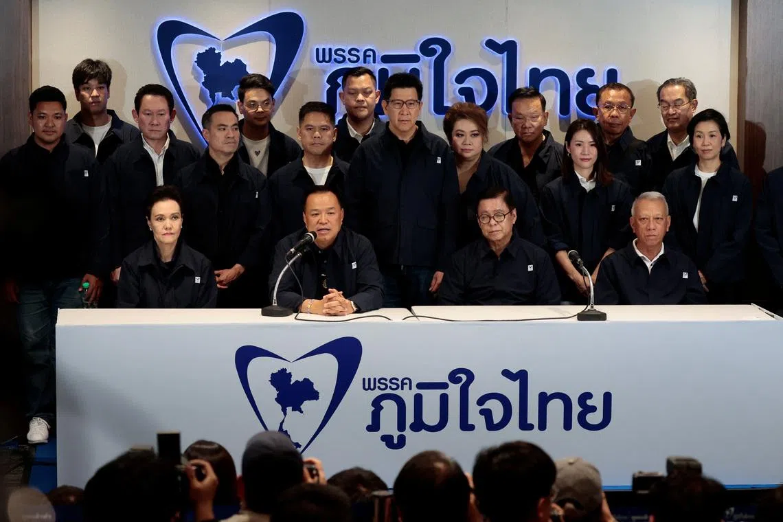 Thailand's caretaker Prime Minister Anutin Charnvirakul, Bhumjaithai Party leader and prime ministerial candidate, speaks during a press conference at the party headquarters on the day of the general election, in Bangkok, Thailand, February 8, 2026. REUTERS/Patipat Janthong