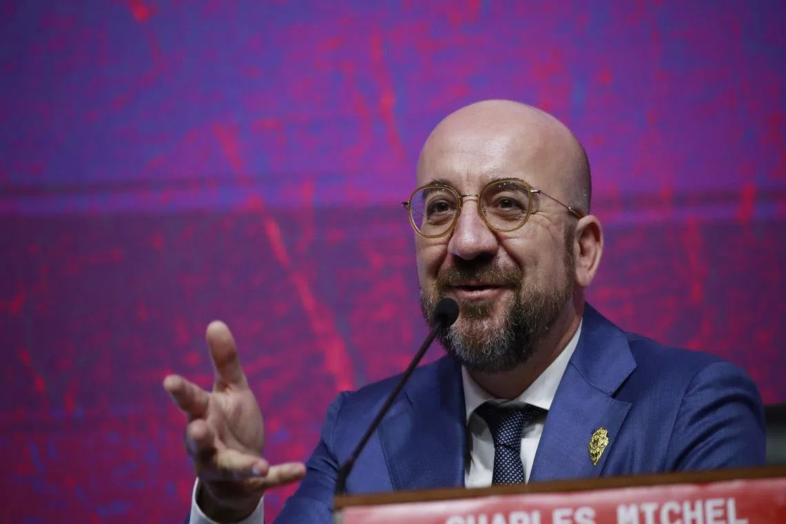 European Council President Charles Michel speaks to reporters during a press conference ahead of the G20 Leaders Summit in Bali, Indonesia, on Nov 15, 2022. 