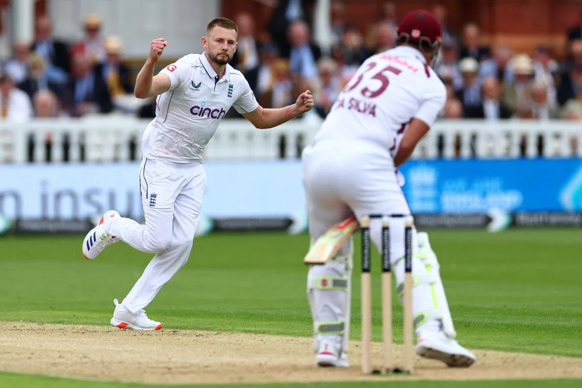 Cricket - First Test - England v West Indies - Lord's Cricket Ground, London, Britain - July 10, 2024 England's Gus Atkinson celebrates his five-wicket-haul after taking the wicket of West Indies' Joshua Da Silva, caught out by Jamie Smith Action Images via Reuters/Andrew Boyers