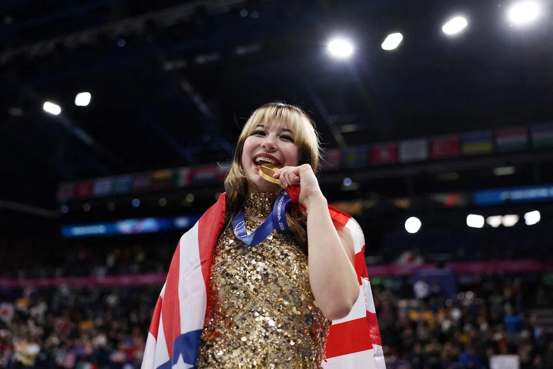 Alysa Liu of the United States celebrates after winning gold at the 2026 Milano-Cortina Winter Olympics.