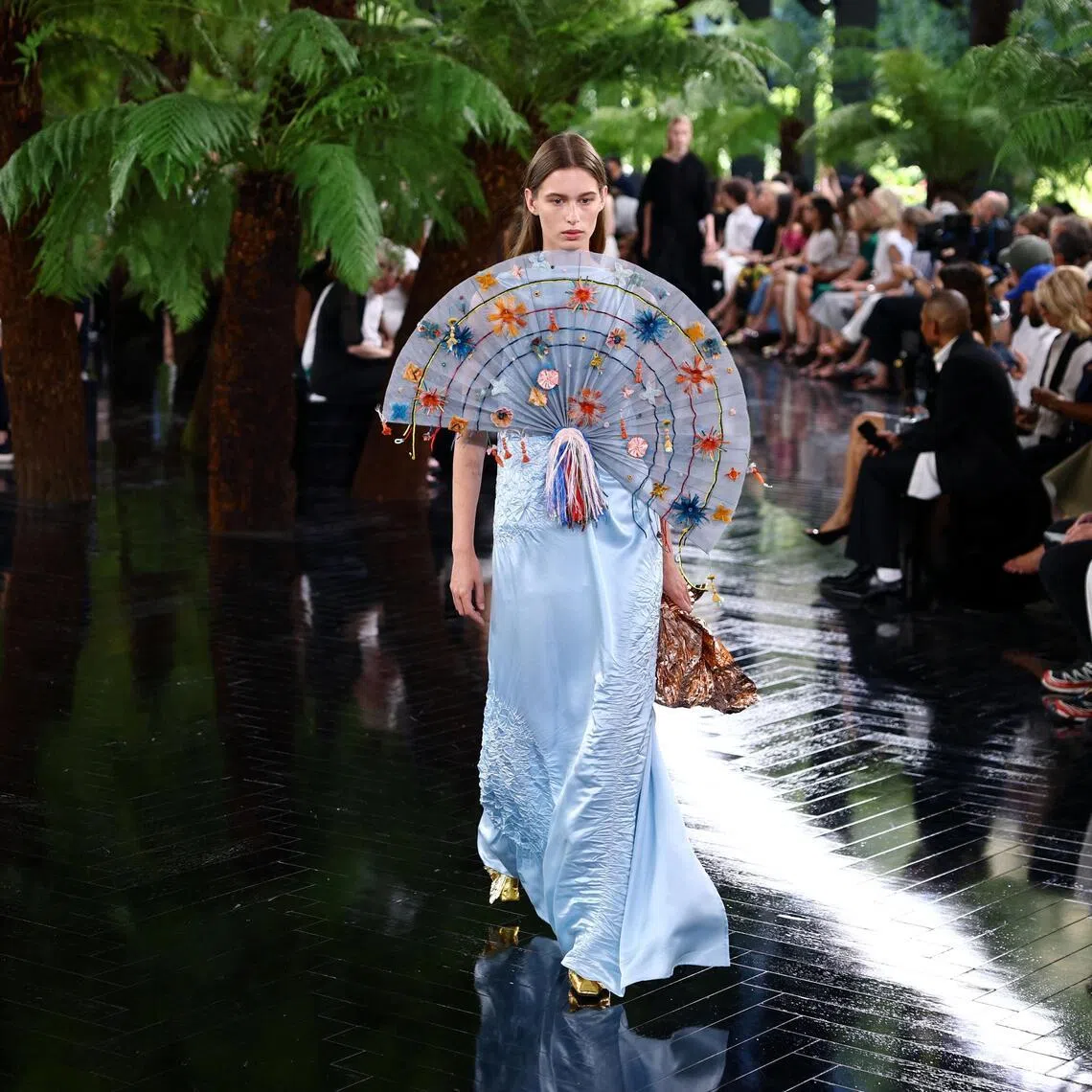A model presenting a creation by designer Jonathan Anderson as part of his Haute Couture Fall/Winter 2026-2027 collection show for Christian Dior in Paris on July 6.