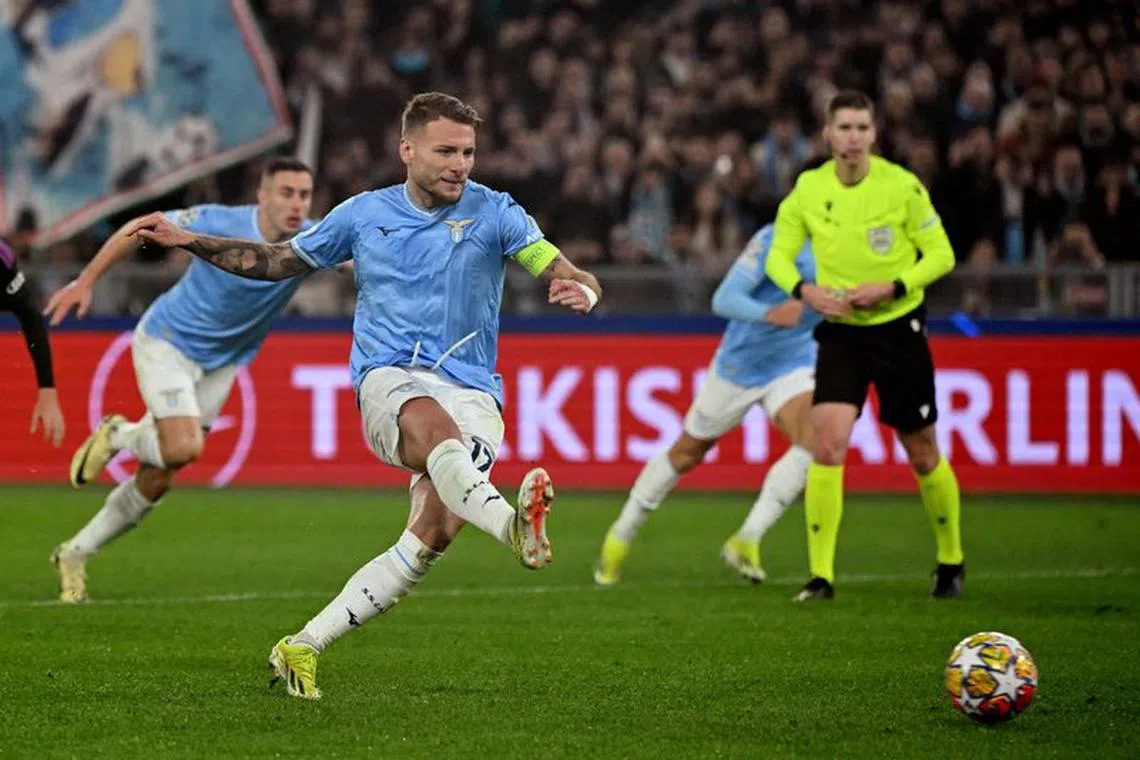 Soccer Football - Champions League - Lazio v Bayern Munich - Stadio Olimpico, Rome, Italy - February 14, 2024 Lazio's Ciro Immobile scores their first goal from the penalty spot REUTERS/Alberto Lingria