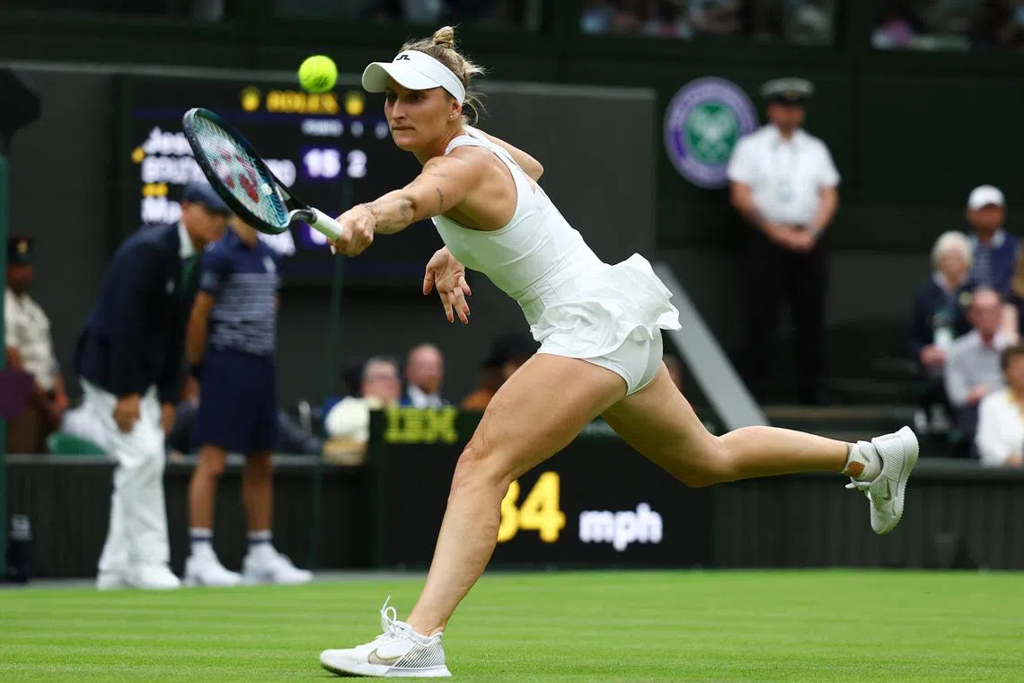 FILE PHOTO: Tennis - Wimbledon - All England Lawn Tennis and Croquet Club, London, Britain - July 2, 2024 Czech Republic's Marketa Vondrousova in action during her first round match against Spain's Jessica Bouzas Maneiro REUTERS/Matthew Childs/File Photo