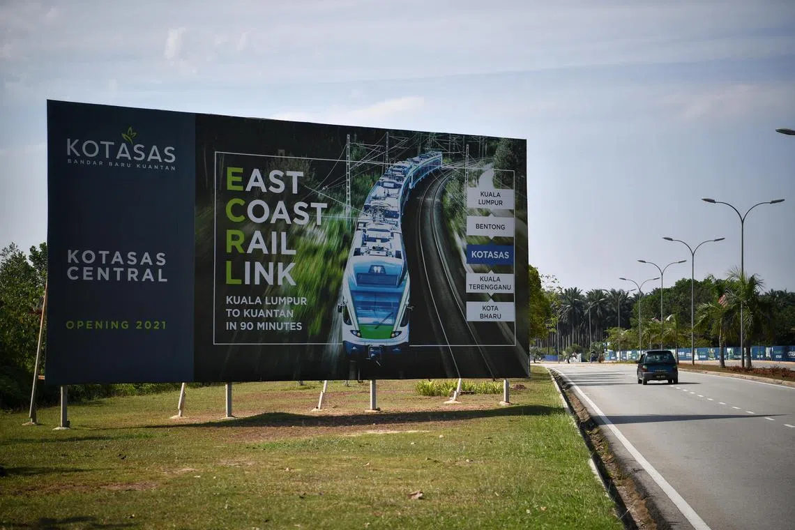 A billboard still advertises the Malaysia’s East Coast Rail Link (ECRL) in Kota Sultan Ahmad Shah, in Kuantan. The rail project has been suspended indefinitely by the new Pakatan Harapan government, which says it can ill afford the RM81 billion (S$27 billion) project as it grapples with debts of over RM1 trillion.