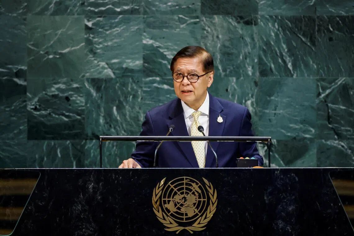 Thai Foreign Minister Sihasak Phuangketkeowat at the UN headquarters in New York City on Sept 27, 2025. 