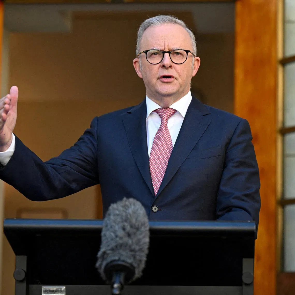 FILE PHOTO: Australian Prime Minister Anthony Albanese speaks to the media during a press conference at Parliament House in Canberra, Australia, 30 March, 2026. Lukas Coch/AAP/via REUTERS./File Photo