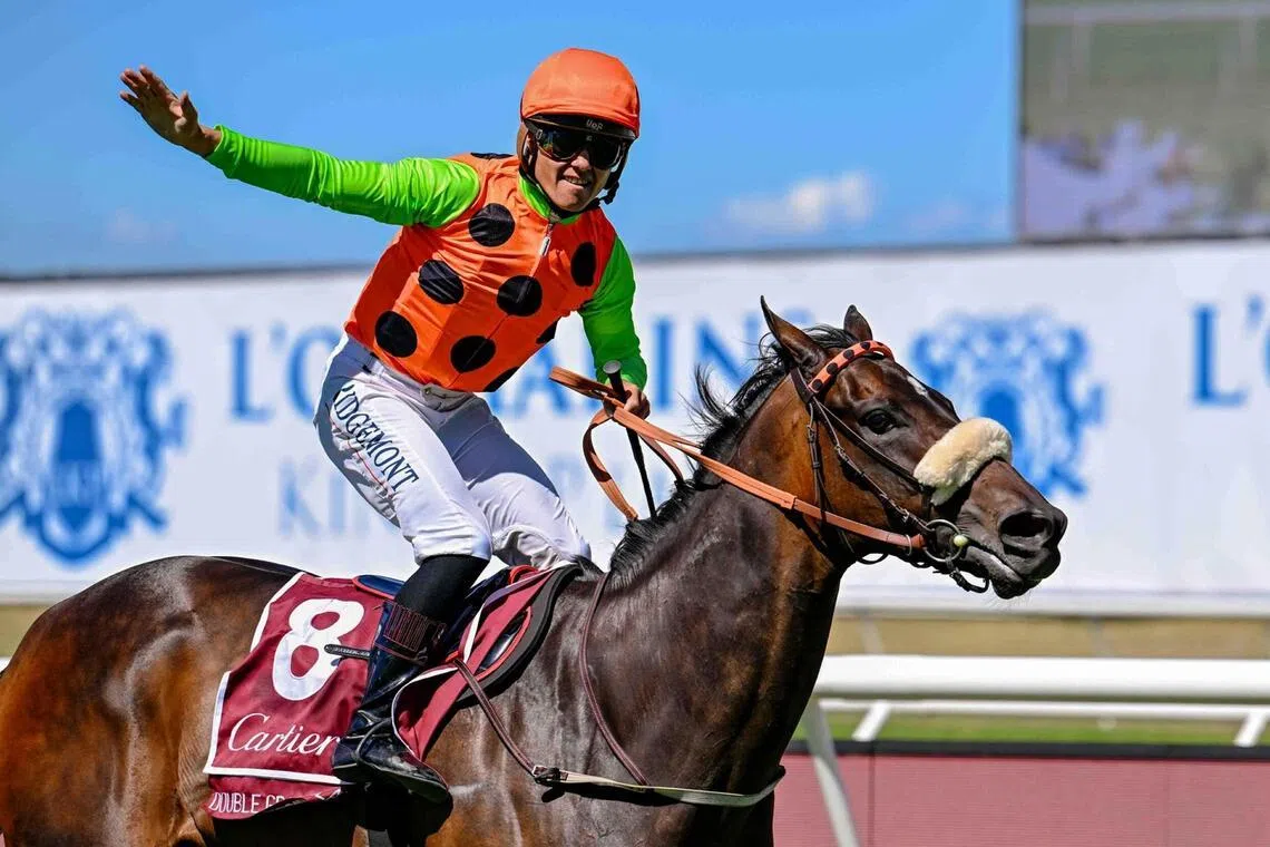 Double Grand Slam - Top jockey Richard Fourie celebrating Double Grand Slam's win in the 2025 Grade 1 Paddock Stakes (1,800m) at Kenilworth on Jan 4, 2025. The nine-time winner is favoured to live up to her name in this year's Paddock Stakes on Jan 10.  The Vercingetorix mare's name is a nod to his part-owner, retired golf legend Gary Player's rare sporting achievement. 

