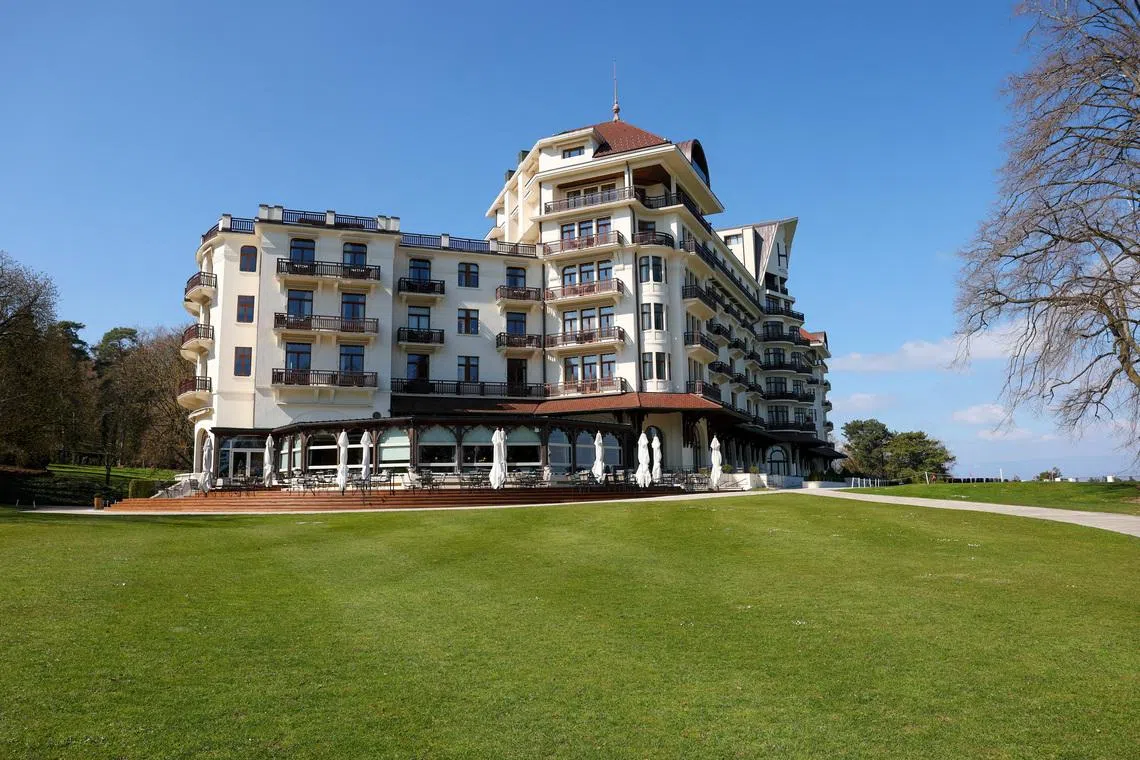 Overview of the Evian Resort hotel where the 2026 G7 summit will take place in Evian-les-Bains, France, April 2, 2026. REUTERS/Denis Balibouse