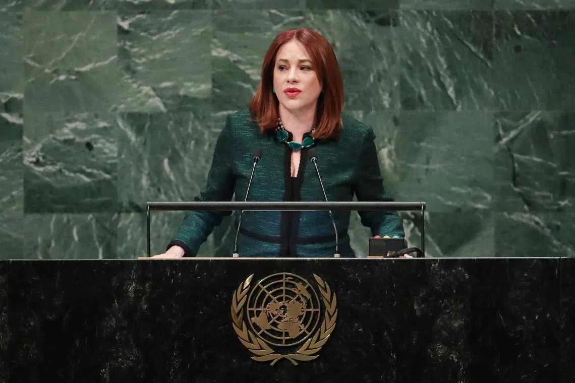 FILE PHOTO: United Nations General Assembly President Maria Fernanda Espinosa Garces addresses the 73rd session of the United Nations General Assembly at U.N. headquarters in New York, U.S., September 25, 2018. REUTERS/Carlo Allegri/File Photo