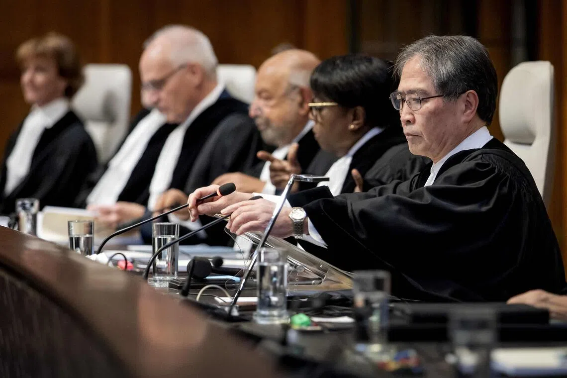 President of the International Court of Justice (ICJ) Yuji Iwasawa chairs the hearing of the ICJ in The Hague on Oct 22, 2025.